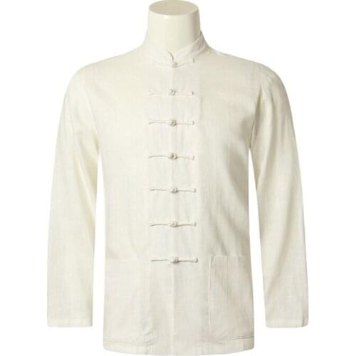 Tang Suit Mens Thin Linen Shirt Chinese Stand Collar Shirts Hanfu Chinese Style Men Long Sleeve Blouses Kung Fu Tops Haut