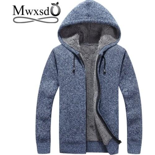 Mwxsd brand winter Men casual hooded thick warm cardigan sweater mens warm fur Zipper Cardigan solid Male cotton Cardigan