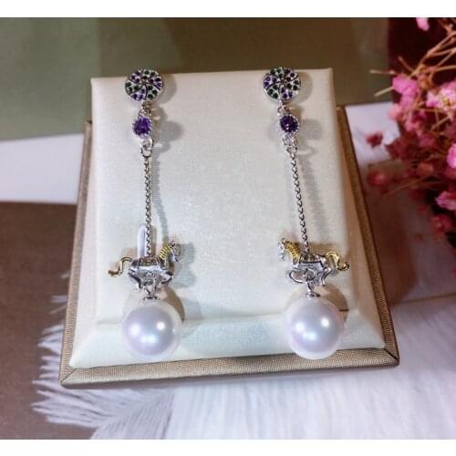 Real 925 Sterling Silver Carousel Horse NaturalPearl Drop Earring Moving Horse Animal Earring Earring Women Wedding Jewelry