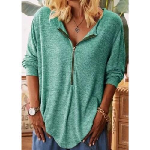 Solid Color Zipper V-neck Autumn Long Sleeve Female T-shirt Fashion Women Clothing Casual Loose Large Size Tops Ladies T-shirts
