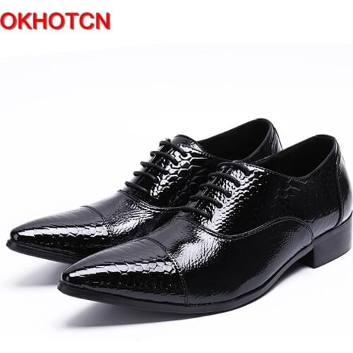 OKHOTCN Luxury Brand leather Shoes For Men Dress Shoes Patent Leather Croco Office Dress Shoes Zapatos Hombre sapato masculino