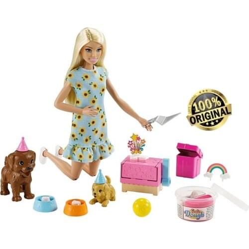 Original Barbie GXV75 Barbie Doll 11.5-inch Blonde and Puppy Party Playset with 2 Pet Puppies Dough Cake Mold and Accessories