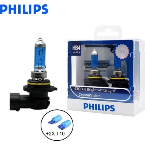 Philips 9006 HB4 12V 55W Crystal Vision 4300K Bright White Lamp Halogen Bulb Car Head Light Stylish Look 9006CVSM, Pair + 2x T10