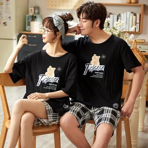 Summer Couples Pajamas Set Fashion O-Neck Black Plaid Short Sleeve Shorts Sleepwear Kawaii Women Cartoon Nightwear Men Pajamas