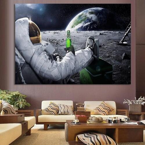 Poster Abstract Painting Spaceman Drink Beer Moon Space Canvas Pictures for Living Room Coffee Wall Art Home Decor Cuadros