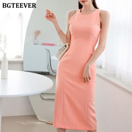 BGTEEVER Summer Elegant Solid Split Female Pencil Dress Office Ladies Sleeveless Slim Waist Package Hip Vestidos 2021
