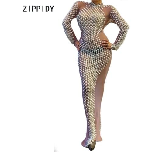 Mesh Rhinestones Pearls Dress Birthday Celebrate Dance Dress Transparent Outfit Women Singer Wear Prom Long Dresses