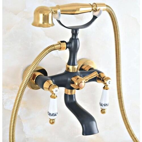 Black Oil Rubbed & Gold Brass 2 Handle Wall Mount Bathroom Bath Tub Faucet Set with 1.5M Hand Held Shower Spray Mixer Tap 2na415