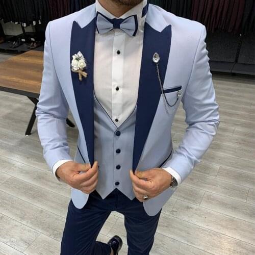 Light Blue Wedding Tuxedo for Groom Slim Fit 3 Piece Formal Men Suits with Navy Blue Pants Peaked Lapel Custom Male Fashion