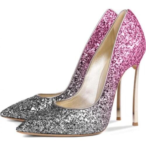 Pumps Shoes For Brides Sequined Cloth High Heels Sandals Women Bling Pointed Toe Slip-on Ladies Shoe Thin Heel Wedding Shoes