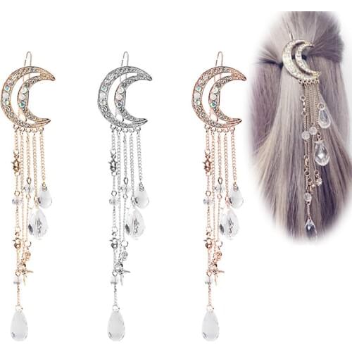 1pc Elegant Women Girls Moon Tassel Hair Clip Long Tassel Crystal Dangle Hairpin Fashion Beads Pendant Barrettes Styling Tools