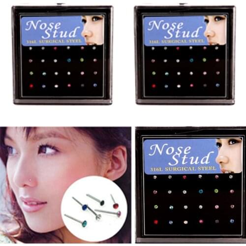 24Pcs/pack Nose Ring Body Nose Stud ring Stainless Surgical Steel Nose Piercing nez Crystal Stud ring for women gift Jewelry