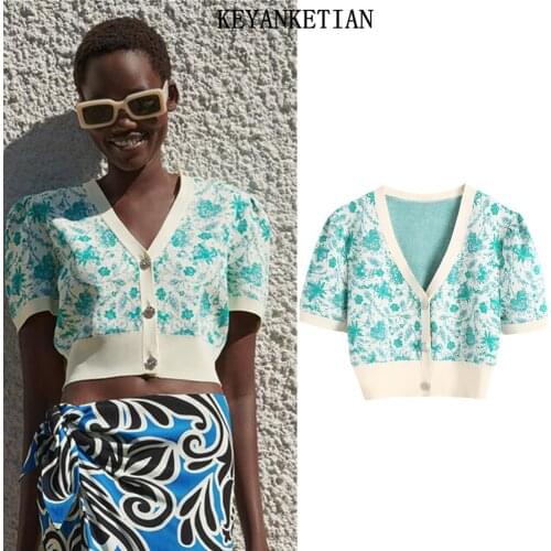 KEYANKETIAN Womens short-sleeved cardigan ZA summer new womens sweet age-reducing short jacket jacquard knitted jacket
