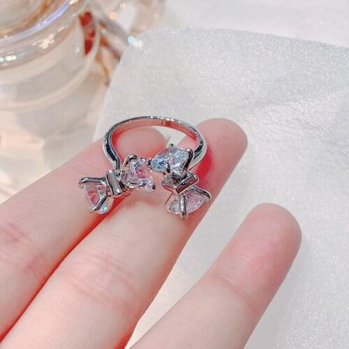 Origin Summer Fairy Bling Bling Bow-knot Cubic Zircon Ring for Women Fashion Open Adjustable Silver Color Metal Ring Jewelry