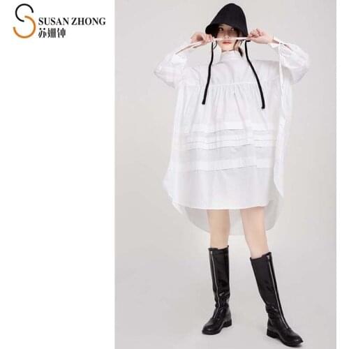 Women Dress Female One-Piece Japanese Style Designer Fall Spring A-Line Stand Frill Collar Lantern Sleeve Bow Shirring Spliced