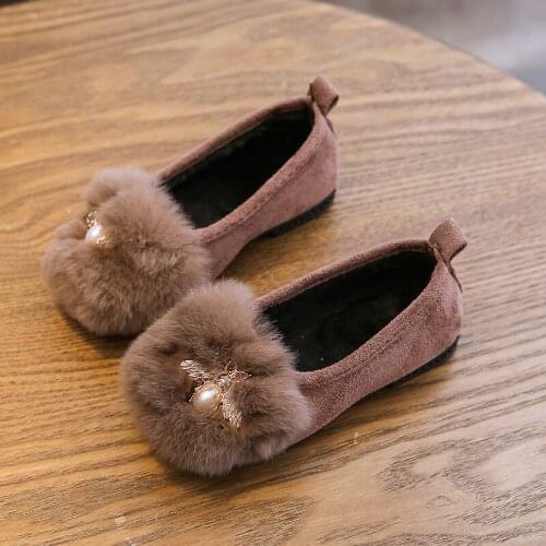 Winter Girls Slip on Shoes Faux Fur Plush Loafers Rhinestone Girls Shoes Kids Flats Big Girl Shoes Warm Boat Shoes
