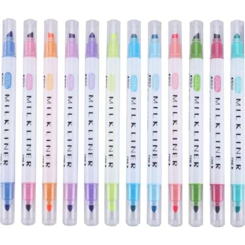 12pcs/set Mildliner Pens Mild Liner Double Headed Fluorescent Pen Cute Art Color Highlighter Drawing Mark Pen School Supplies