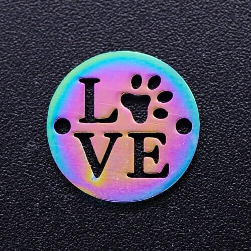 5pcs/lot 100% Stainless Steel Love Pet Paw diy Connector Charms With Rainbow Plated Wholesale Charm for Bracelet Making