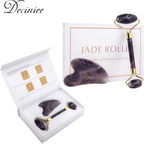 Authentic Amethyst Jade Roller Gua Sha Set Natural Durable Noiseless Amethyst Face Massager Facial Roller for Skin Eyes Neck