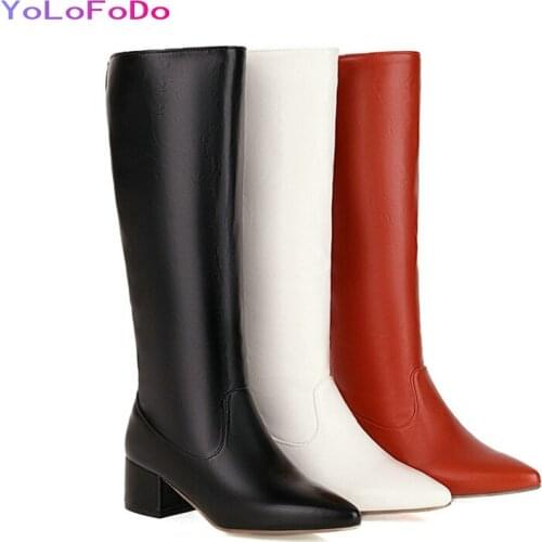 Plus Size 34-43 Women Knee High Boots Faux Leather High Quality Winter Boots Fashion Pointed Toe Square Heel Women Calf Boots