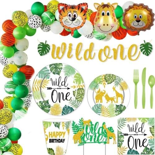 Wild One Birthday Party Animal Foil Balloons Disposable Tableware Set Banner Cup Plate Safari Jungle Party Baby Shower Supplies