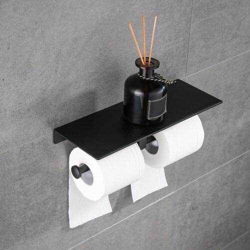Space Aluminum Black Paint Double Paper Holder Wall Mounted Bathroom Accessories Phone Rack Toilet Shelf Roll holder