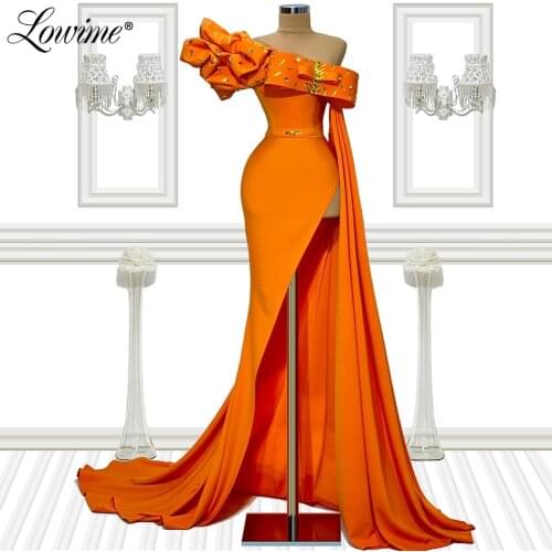 Elegant One Shouder High Split Side Long Evening Dresse Arabic Dubai Gowns 2021 Mermaid Beading Women Party Dress Prom Dresses