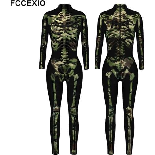 FCCEXIO Camo Skull Print Halloween Carnival Adult Women Dress Spandex Jumpsuit Plus Size Long Sleeve Cosplay Onesie Outfits