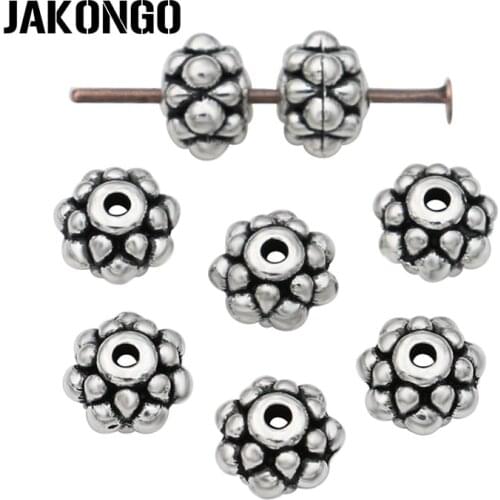 JAKONGO Flower Spacer Beads Antique Silver Plated Round Loose Beads for Jewelry Making Bracelet Accessories 7mm 20pcs