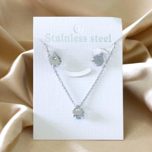 Classic Cubic Zirconia Pendant Necklace and Stud Earrings Set 316L Stainless Steel for Girl Women Party Gift Accessories