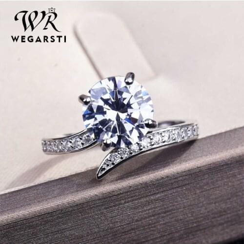 WEGARSTI Trendy Jewelry Silver Rings For Women Bridal Wedding Cubic Zirconia Round Stone Ring Bijoux Femme Engagement