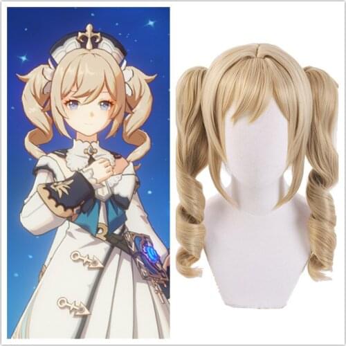 Game Genshin Impact Barbara Cosplay Wig Curly Yellow Ponytail Role Play Heat Resistant Synthetic Hair Halloween Carnival