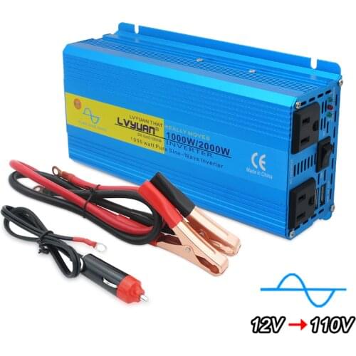 2000W Peak Pure Sine Wave Inverter DC12V/24V to AC 100V 110V 120V Charging Adapter Converter Dual USB Output US Socket