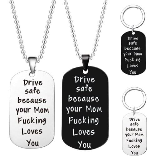 Custom Fashion Gifts Engraved Drive Safe for Son Daughter Dog Tag Pendant necklace Jewelry Stainless Steel druzy necklace