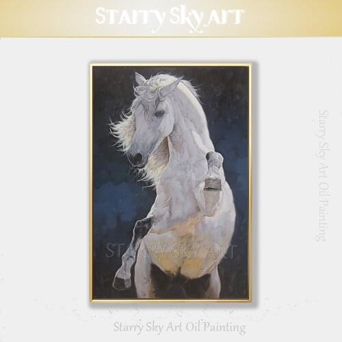 Professional Artist Pure Hand-painted High Quality White Horse Oil Painting on Canvas Animal Horses for Living Room Decoration
