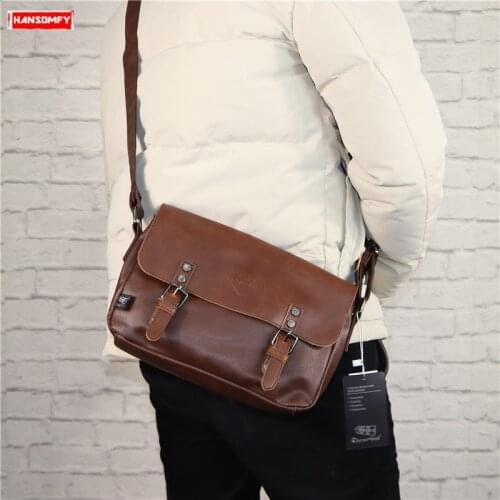 Simple Mens Bag Casual Trend Men Shoulder Bag Male Pu Leather Vintage Messenger Crossbody Bags Japanese and Korean Soft Clip