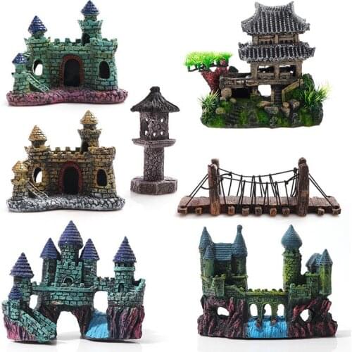 Retro Aquarium Ancient Castle Decoration Resin Artificial Building Rocks Cave Tree Hole for Fish Tank Landscaping Ornament Decor