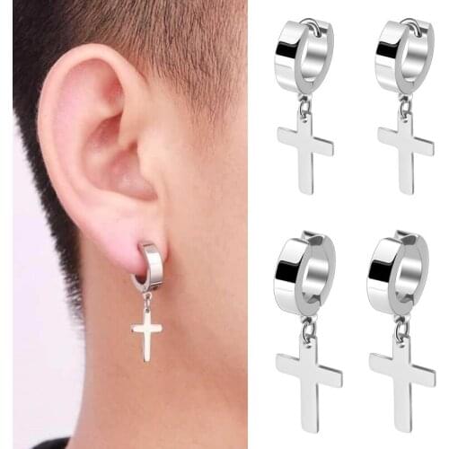 2PCS Silver Cross Gothic Punk Rock Style Pendant Earrings Ladies Fashion Sleek Simple Ladies Stainless Steel Black Ear Clips