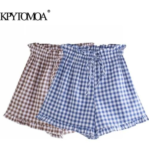 KPYTOMOA Women 2021 Sweet Fashion Ruffled Loose Plaid Shorts Vintage High Elastic Waist With Drawstring Female Short Pants Mujer