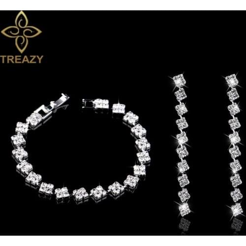 TREAZY Silver Color Rhinestone Crystal Bridal Jewelry Sets Squares Design Bracelet Earrings Set Wedding Jewelry Set for Women