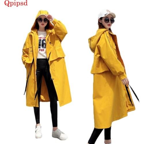 Long Hooded Trench Coats 2021 Korean Autumn Spring New Loose Windbreakers Womens Casual Overcoat Female Long Sleeve Outerwear