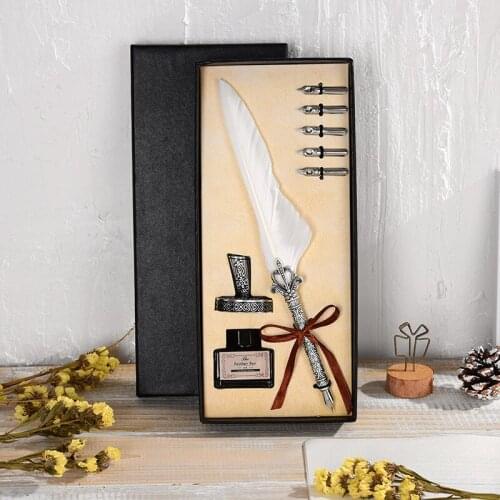 Vintage Antique Feather Dip Pen Metal Nibbed Ink Writing Quill Pen Retro Scrapbooking Feather Pen Set Birthday Gift