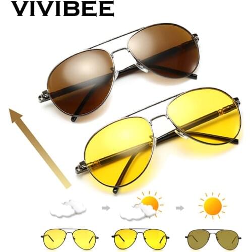 VIVIBEE Men Photochromic Night Vision Polarizing Sun Glasses Pilot Style Aluminum Women Polarized Driving Sunglasses Yellow