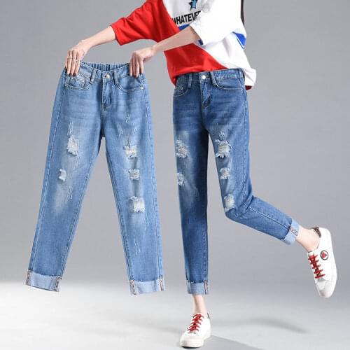 High waist hole 2018New female Haren loose women pants woman fashion broken torn ripped Jeans student girl denim Cheap wholesale