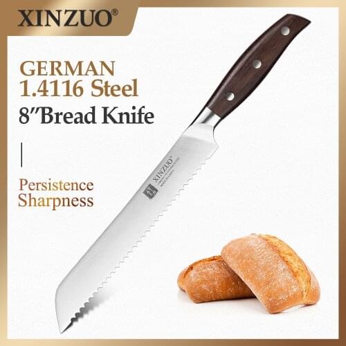 XINZUO 8'' Bread Knife Germany Steel Kitchen Knives Sharp Cake Pizza Knives Red Sandalwood Handle Kitchen Accessories Chef Tools
