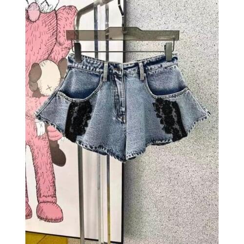 Irregular Denim Shorts for Women Summer 2021 Runway High Waisted Lace Beading Mini Sexy Blue Jeans Shorts Skirts Female