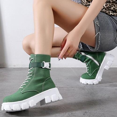 Women Boots Mid-Calf Boot Thick Bottom Canvas Ladies Shoes Fashion Comfortable Women Concise Green Shoes Autumn Size 35-40
