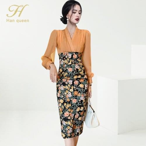 H Han Queen Korean Elegant V-Neck Print Pencil Dress Women Office Wear Dresses Patchwork Sheath Bodycon Party Vestidos Autumn
