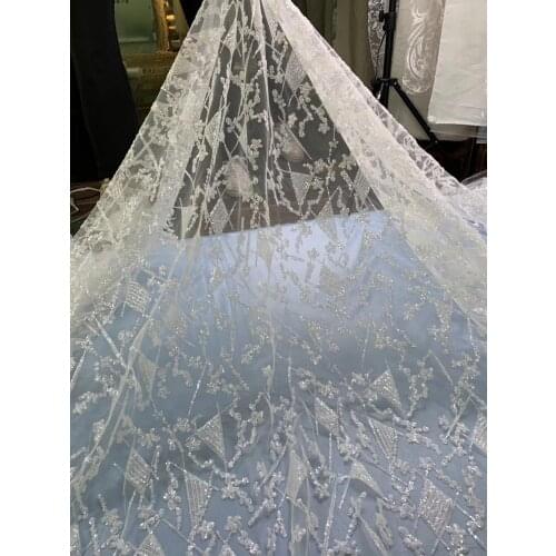 Zj001 5yards/lot crystal white sequin luxury embroidery tulle mesh lace fabric for sawing bridal wedding dress/ ball gown