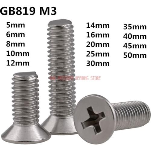 100pcs GB819 Metric Thread M3 304 Stainless Steel flat head cross Countersunk head screw m3*(5/6/8/10/12/14/16/20/25/30/35/40)